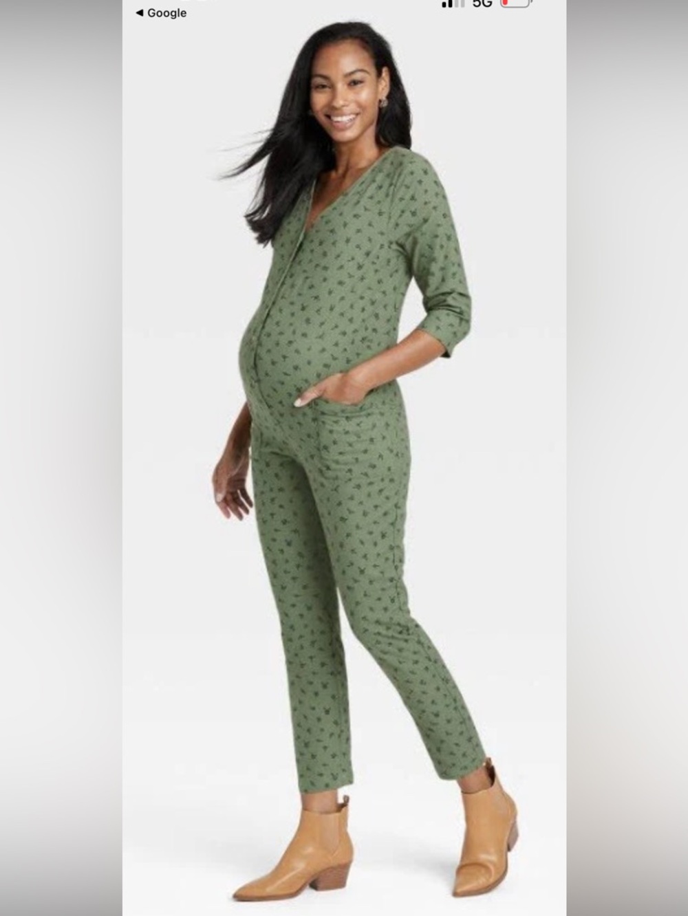 The Nines by HATCH Olive 3/4 Sleeve Button-Front Maternity Jumpsuit Romper